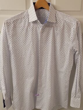 Bertigo White Dress Shirt with Navy Dot Pattern - Modern Spread Collar